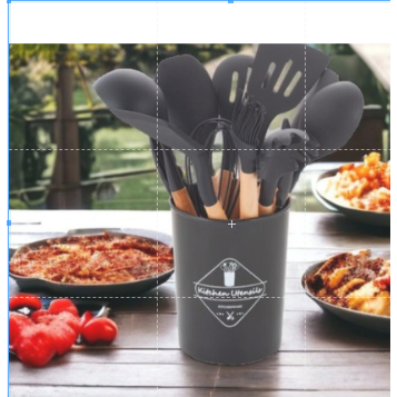 Kit 12 Utensílios De Cozinha Em Silicone E Cabo De Madeira Jogo De Utensílios Resistente(preto)