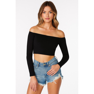 TOP CROPPED INVERNO FEMININO OMBRO A OMBRO MANGA LONGA PRETO em Oferta na Shopee