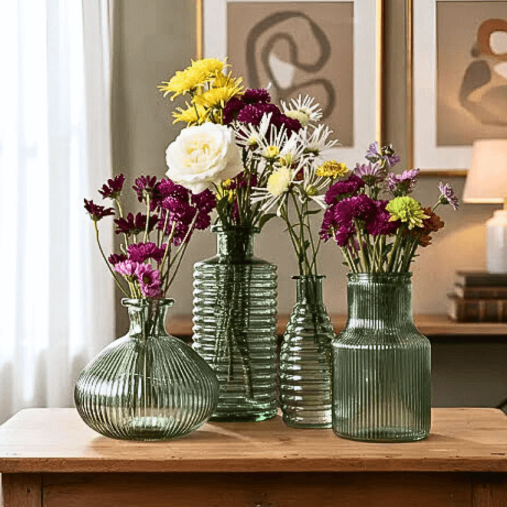 Vasos Verde Oliva Grande Vidro Canelado Elegante Arranjo de Flores