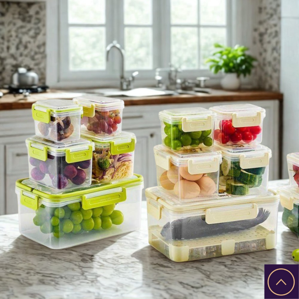 Conjunto 5 Potes Plástico com Tampa e Cesto Interno – Organizadores Herméticos para Geladeira