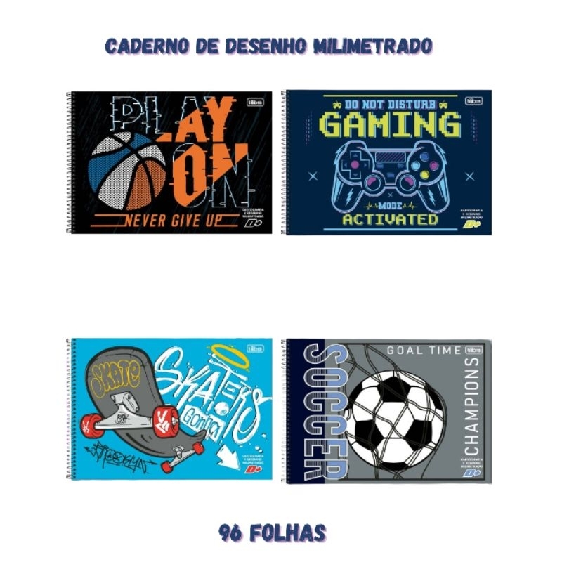 Caderno de Desenho e Cartografia Milimetrado Capa Dura D+ Masculino Tilibra  / Caderno Margem  / Material Escolar