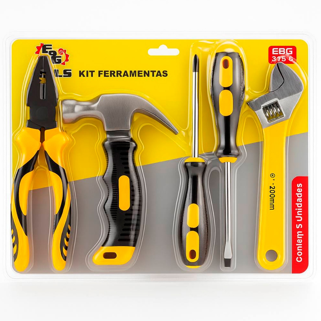 Kit de Ferramentas 5pçs Alicate Martelo Chave philips, Fenda e Chave inglesa
