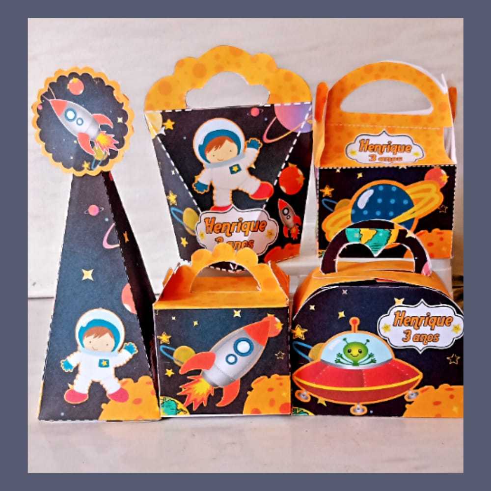 Kit festa Astronauta Personalizada Lembrancinhas Caixinhas Decoração Mimos Aniversário Festa Infantil | Pegue e Monte