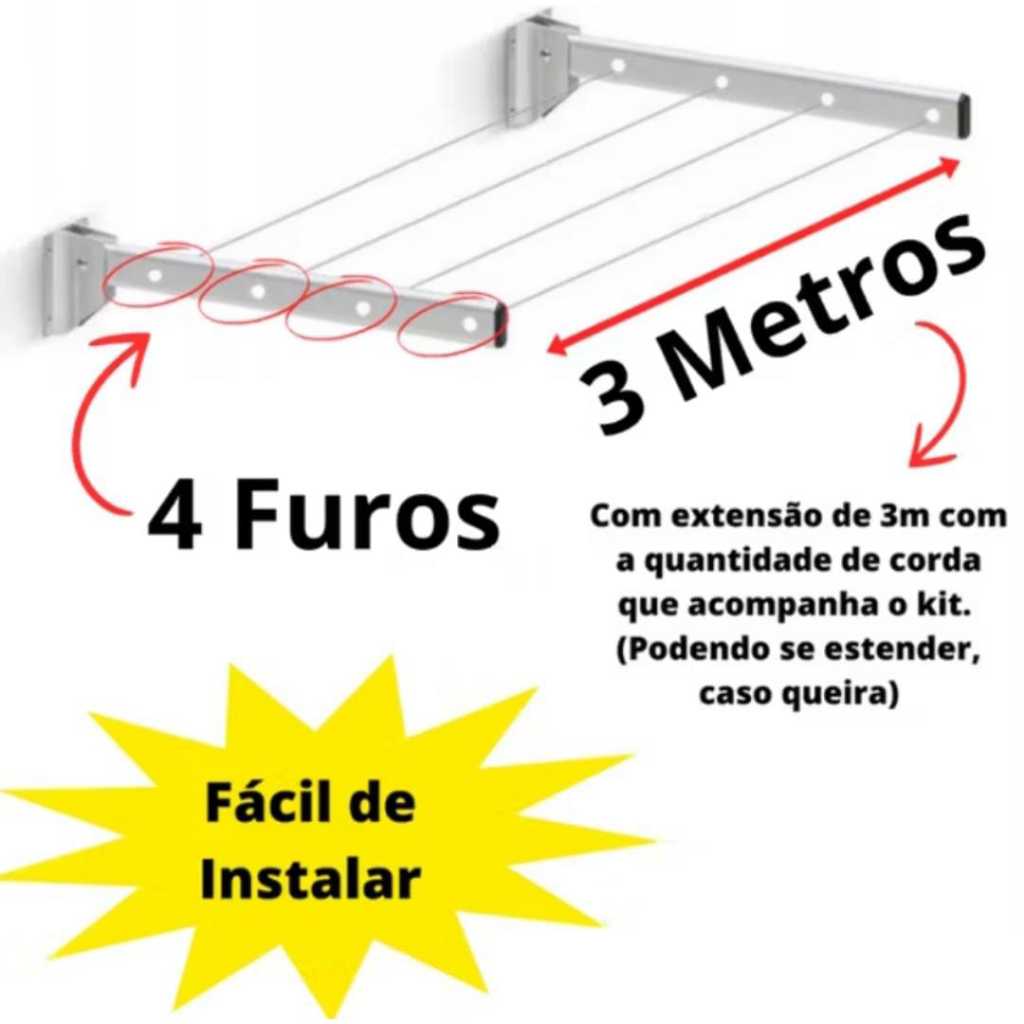 Varal Aluminio Reforçado Retratil Parede Roupas Apartamento Sacada Suporta 90kg