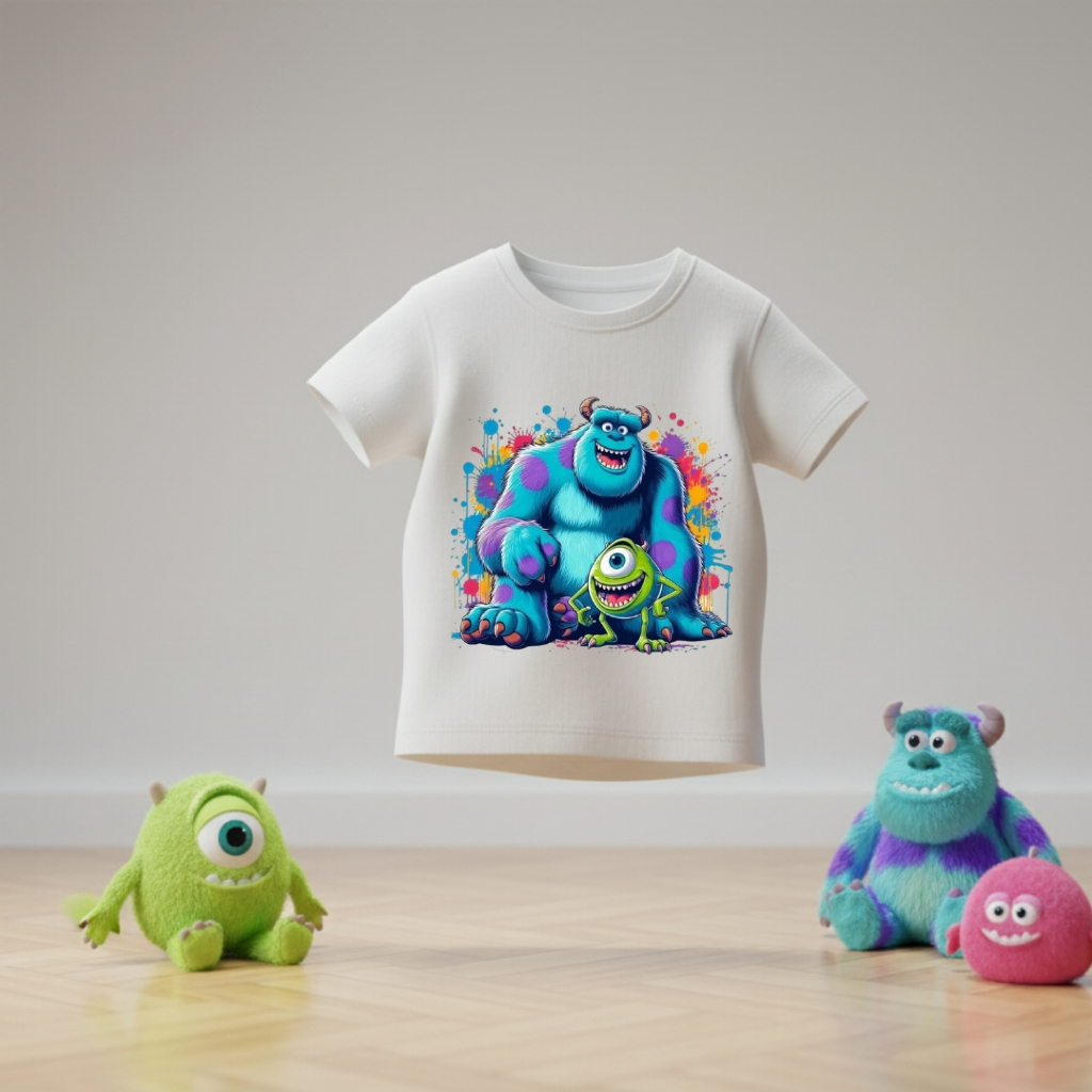 Camiseta Infantil Criatura Fofa e Monstro Azul | Estampa DTF | Algodão Macio | Do 4 ao 16