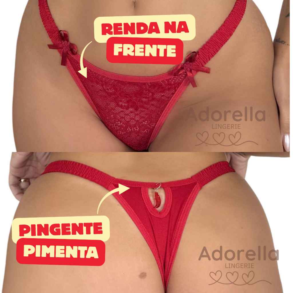 Kit 3 Calcinha Fio Renda Pingente PIMENTINHA Lingerie Feminina Moda Intima