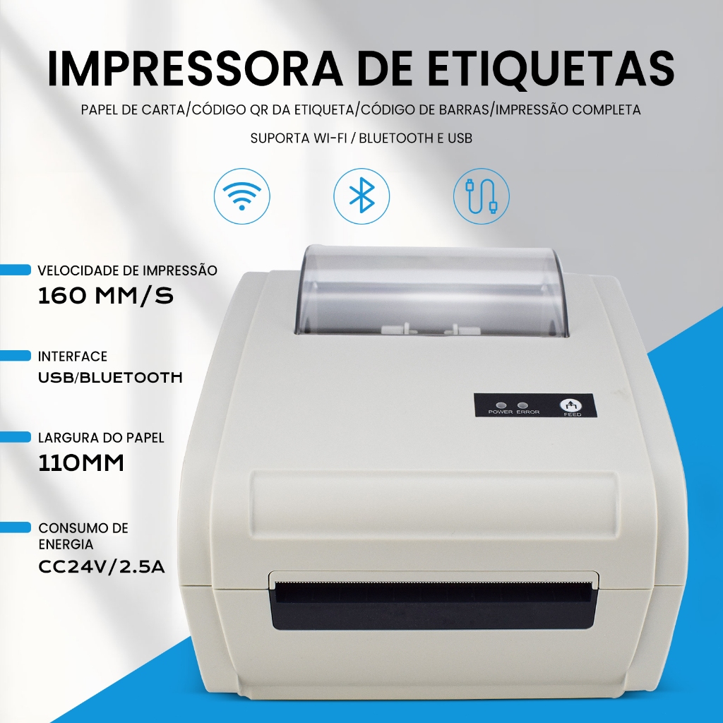 Impressora de Etiquetas Multifuncional,WiFi/Bluetooth/USB,Velocidade 160mm/s,Largura 110mm para Comércio e Armazém