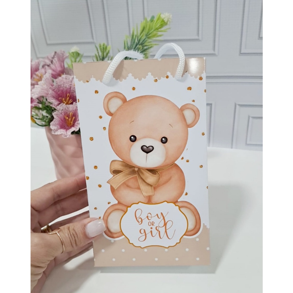 Sacola personalizada G chá revelação ursinho bege/chá revelação/festa/personalizados/lembrancinha
