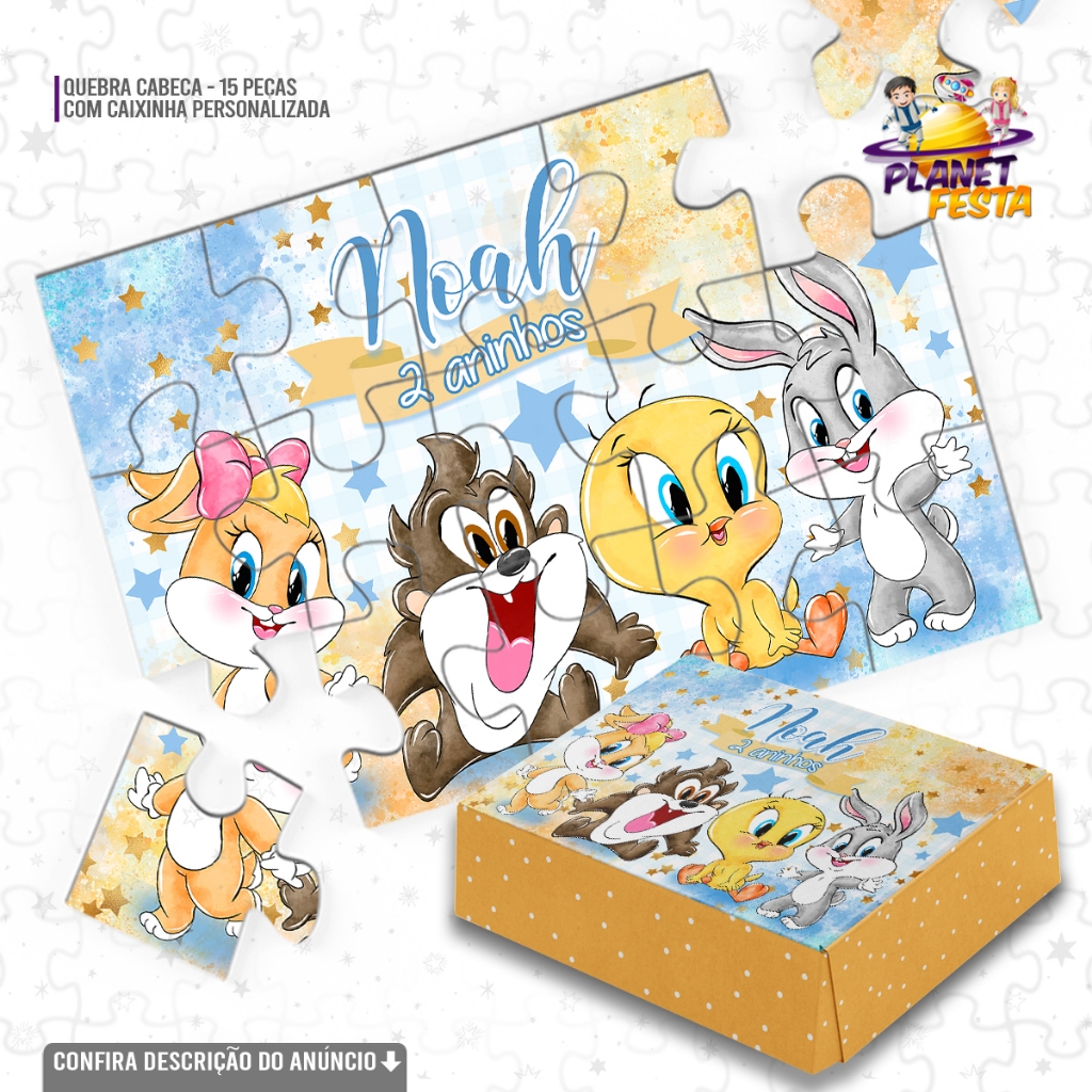 Quebra-Cabeça com Caixinha Personalizada Baby Looney Tunes | Lembrancinha de Aniversário 15 Peças