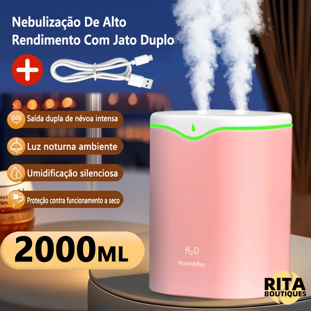Umidificador De Ar E Aromatizador Grande 2000ml Com Bico Duplo Purificador De Ambiente Elétrico LED