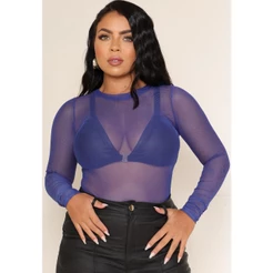 Body Blusa Feminina Manga Longa Transparente Tule Preto Bory Gola Redonda