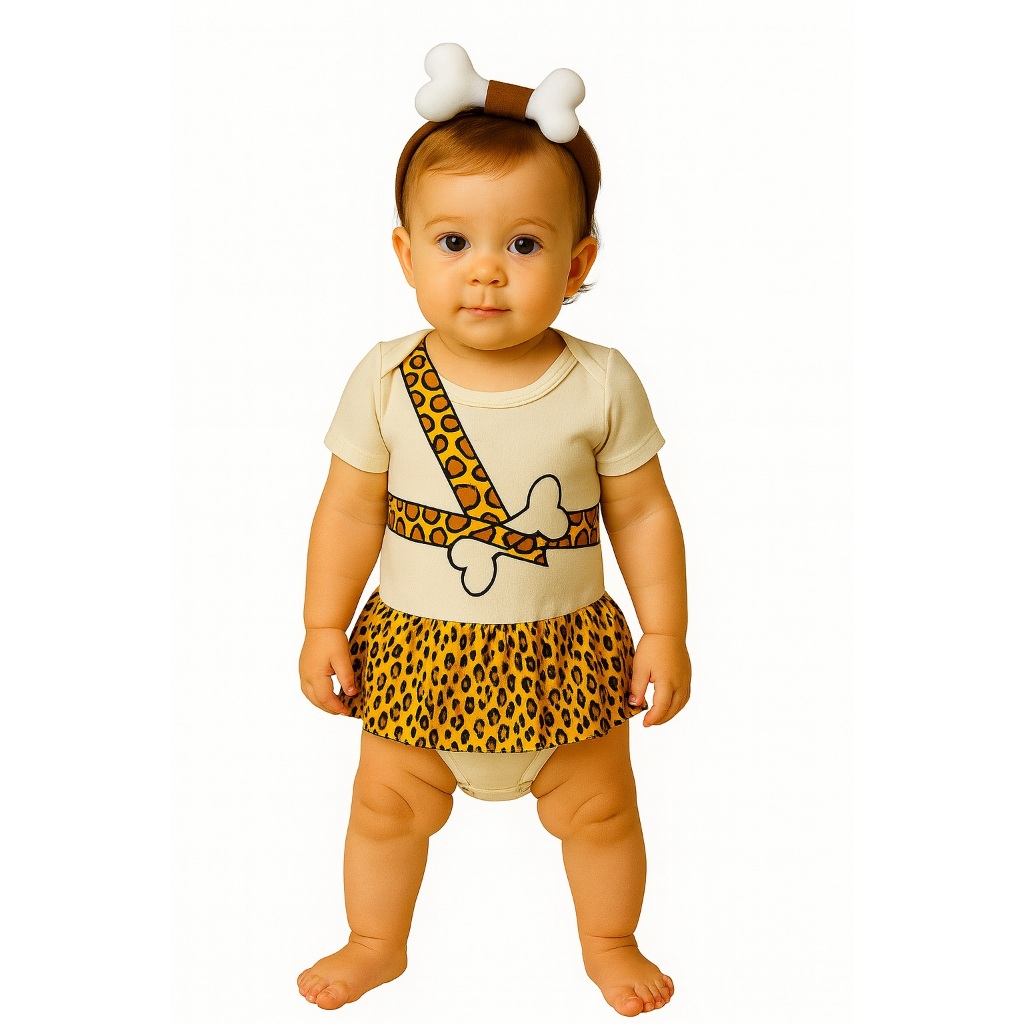 body bodie fantasia roupa bebê menina Pedrita Flinstones diversão tiara