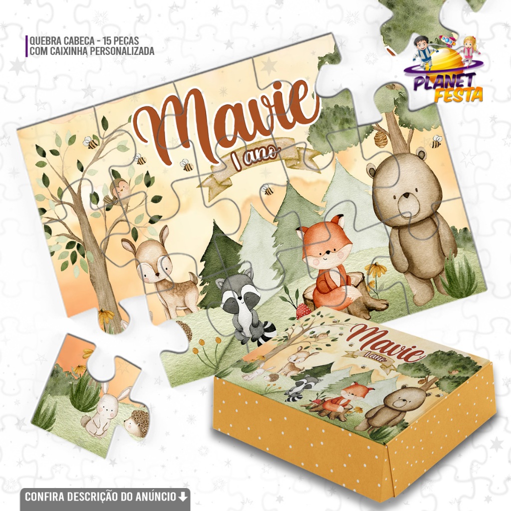 Quebra-Cabeça com Caixinha Personalizada Bosque Encantado Animais da Floresta | Lembrancinha de Aniversário 15 Peças