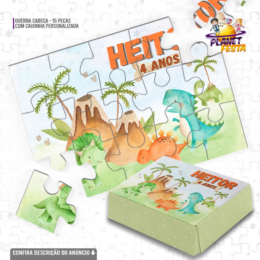 Quebra-Cabeça com Caixinha Personalizada Dinossauro Aquarela | Lembrancinha de Aniversário 15 Peças