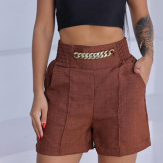 Short  Social Femenino Linho Cintura Alta com Elástico, Corrente Metálica e Bolsos funcional em Oferta na Shopee