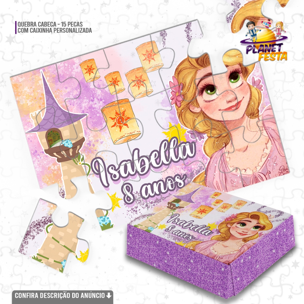 Quebra-Cabeça com Caixinha Personalizada Enrolados Rapunzel | Lembrancinha de Aniversário 15 Peças
