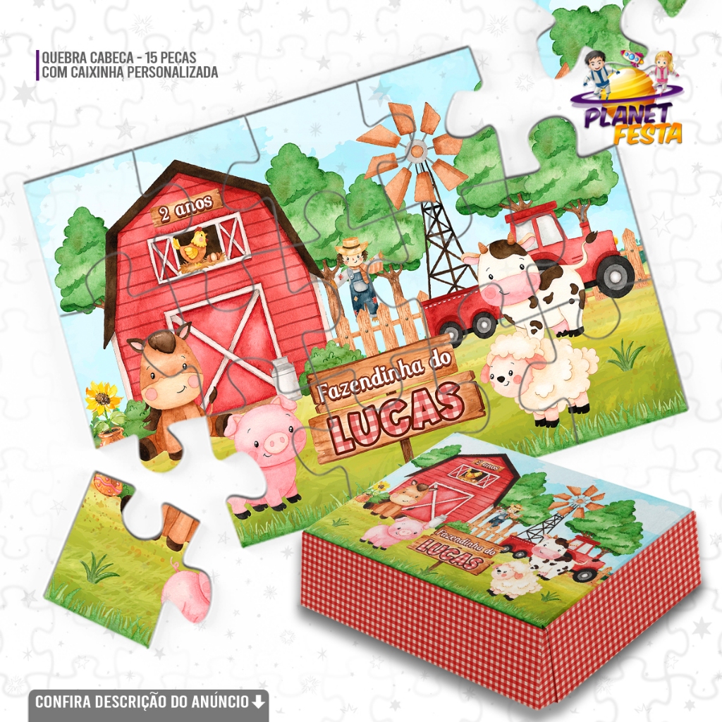 Quebra-Cabeça com Caixinha Personalizada Fazendinha Aquarela | Lembrancinha de Aniversário 15 Peças