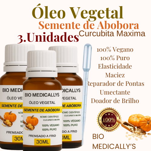 3.UNI Óleo Vegetal Semente de Abobora (Curcubita Maxima) 100% Puro 2X30ml + Pipeta Dosadora (6PEÇAS)