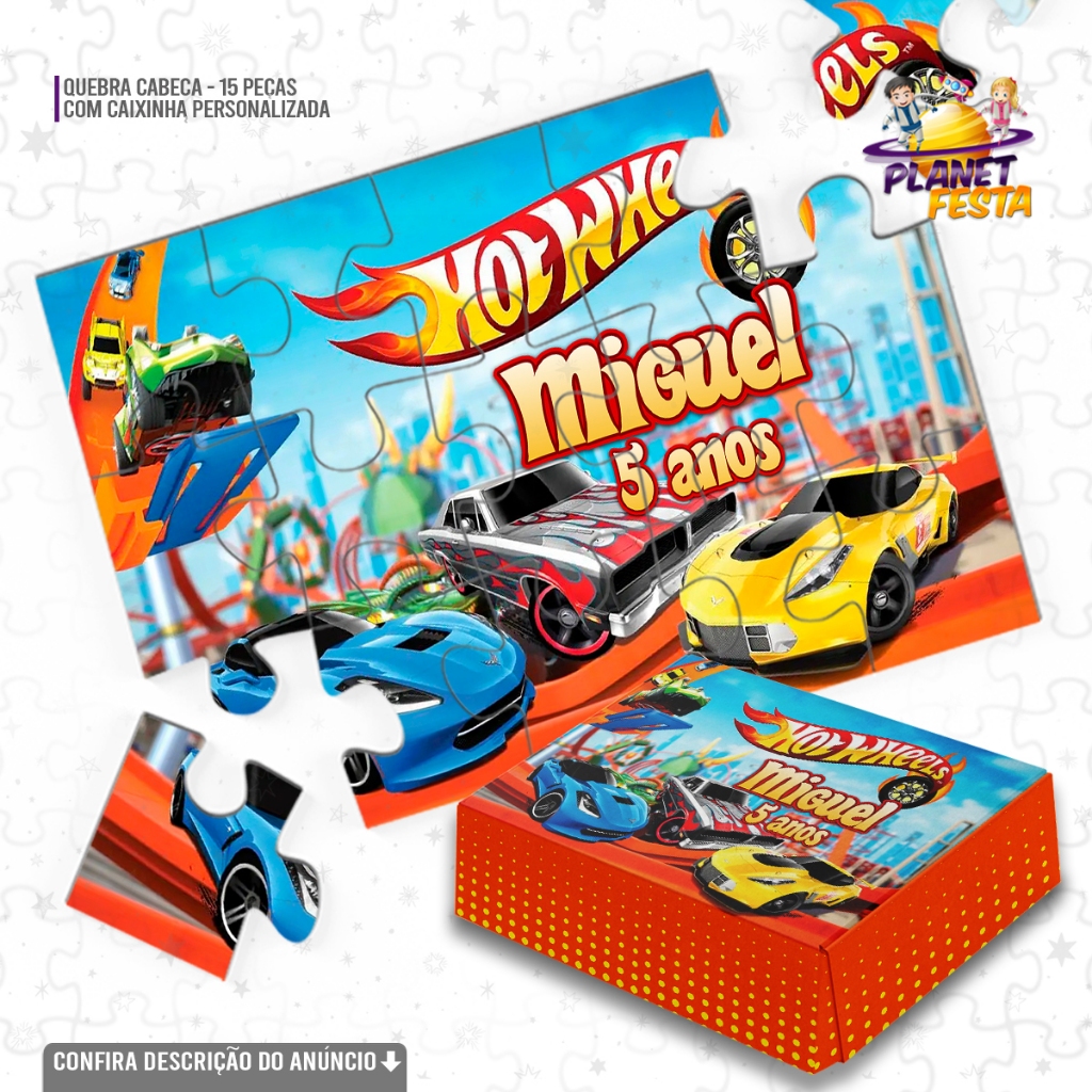 Quebra-Cabeça com Caixinha Personalizada Hot Wheels Carrinhos | Lembrancinha de Aniversário 15 Peças