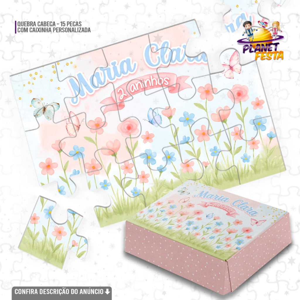 Quebra-Cabeça com Caixinha Personalizada Jardim das Borboletas Encantado | Lembrancinha de Aniversário 15 Peças