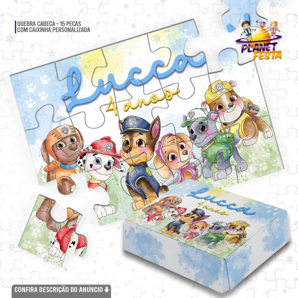 Quebra-Cabeça com Caixinha Personalizada Patrulha Canina Aquarela | Lembrancinha de Aniversário 15 Peças