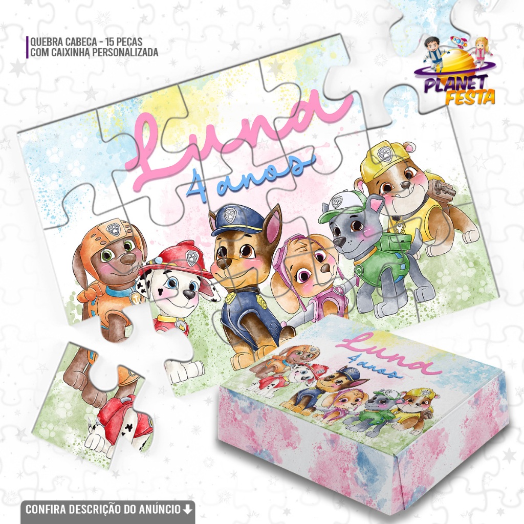 Quebra-Cabeça com Caixinha Personalizada Patrulha Canina Aquarela Rosa | Lembrancinha de Aniversário 15 Peças