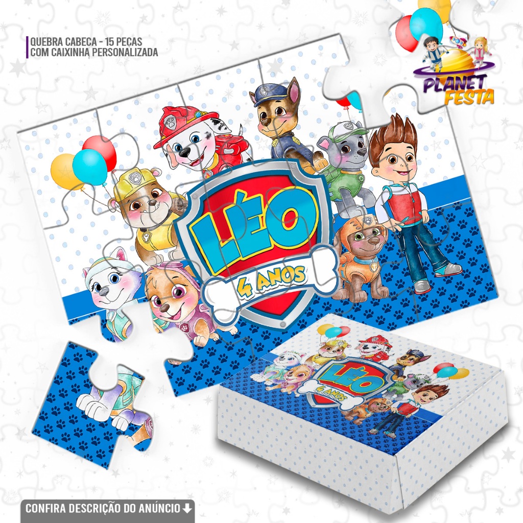 Quebra-Cabeça com Caixinha Personalizada Patrulha Canina Aquarelavel | Lembrancinha de Aniversário 15 Peças
