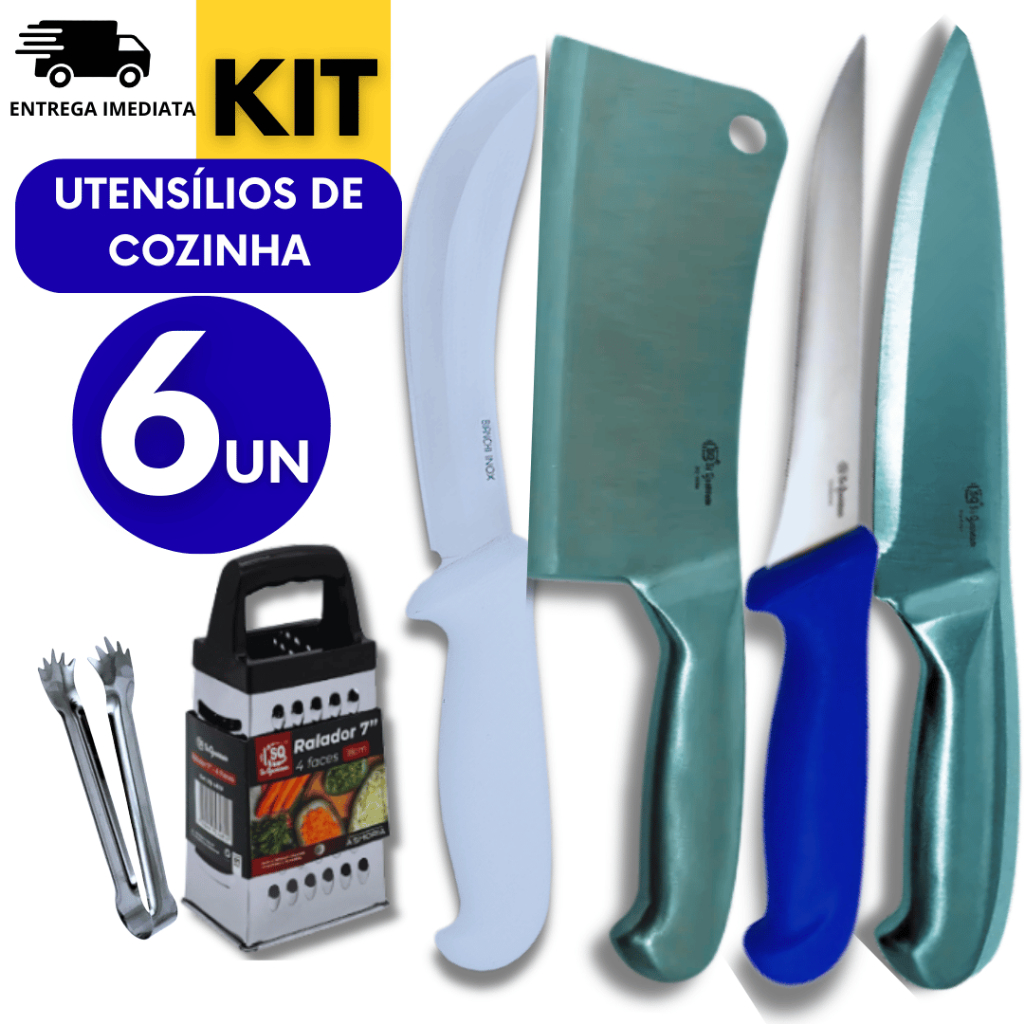 Combo 06 Unidades - Cutelo 6" Ralador 4 faces Pegador de Carne Faca Peixaria 25.6cm Faca Desossa 6" Faca tira Couro 6"