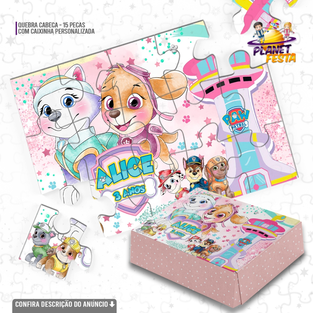 Quebra-Cabeça com Caixinha Personalizada Skye e Everest Patrulha Canina | Lembrancinha de Aniversário 15 Peças