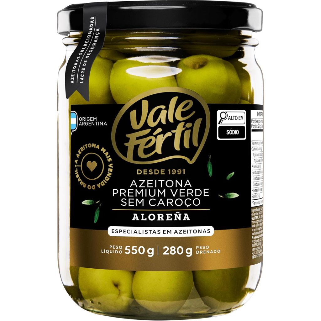Azeitona Verde Em Conserva Aloreña Sem Caroço Premium Vidro 280g Vale Fértil