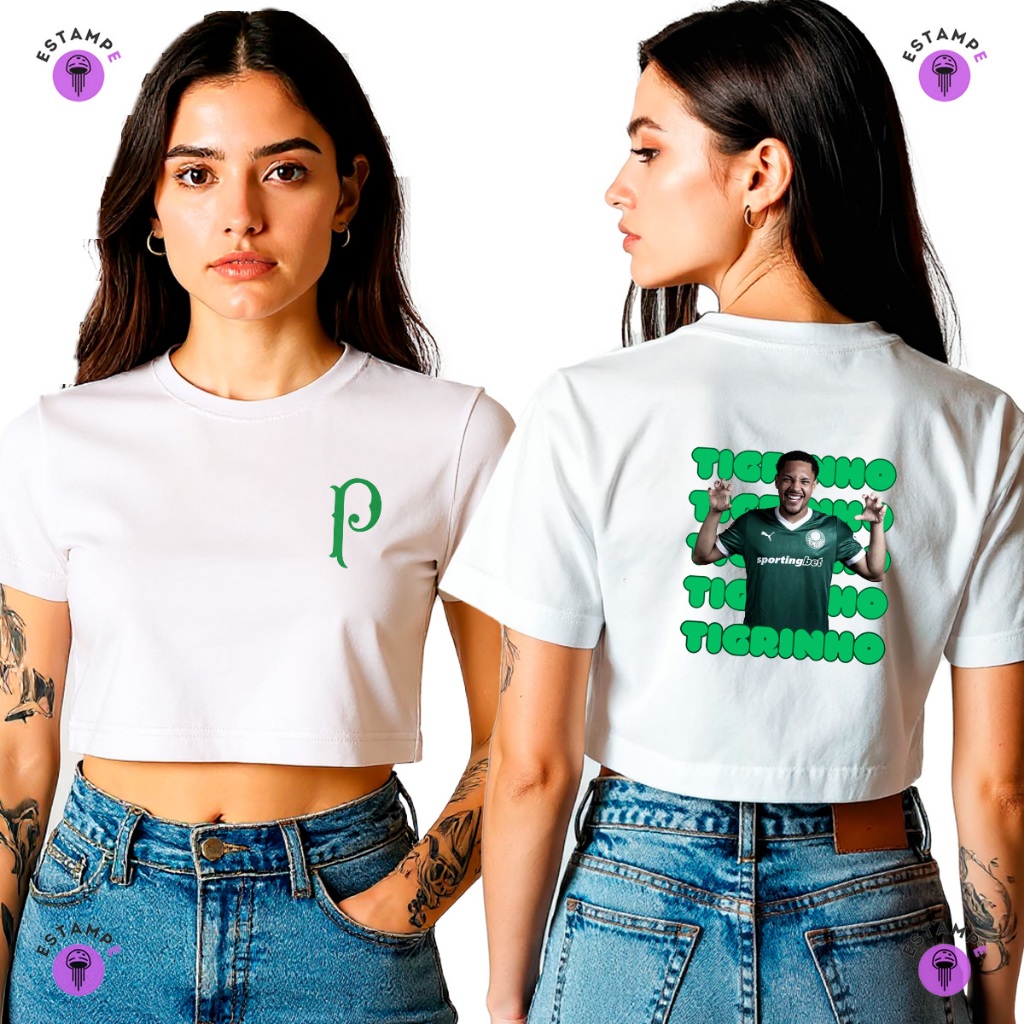 Camiseta Tshirt Cropped Adulto Palmeiras Verdão Vitor Roque Tigrinho Porco Blusa 100% Algodão Feminino
