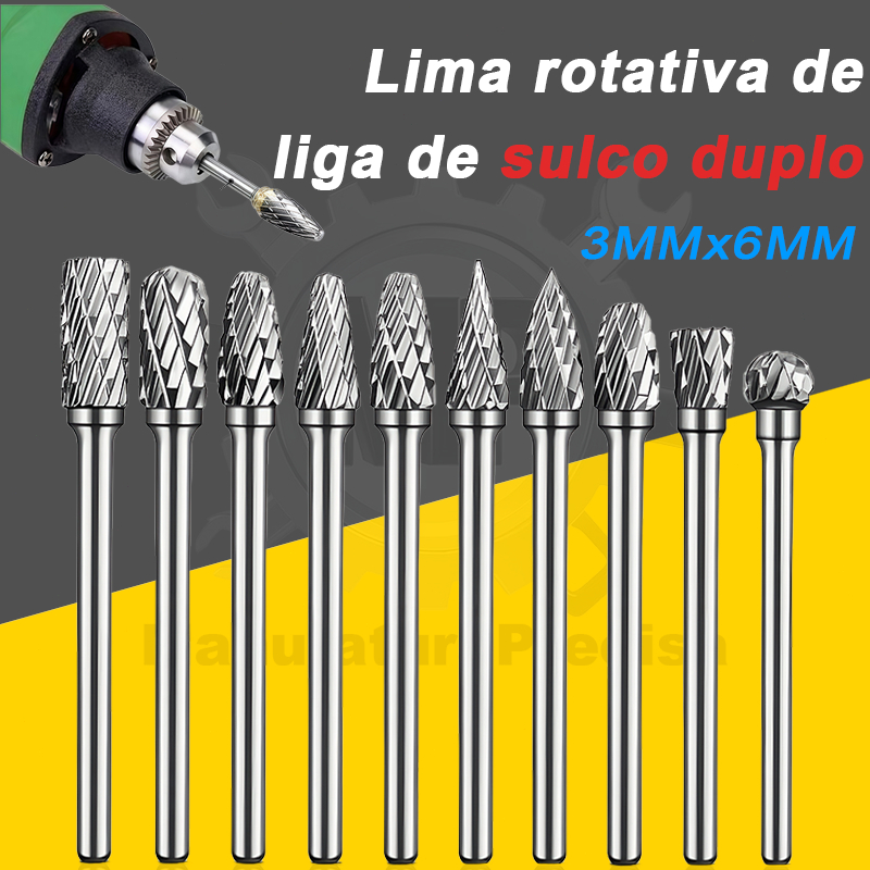 Kit 10 Fresas Rotativas de Liga Dupla para Madeira - Mandril 3mm*6mm Ideal para Gravura, Polimento e Desbaste