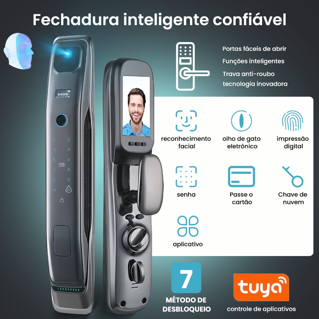 Fechadura Digital Inteligente 3D – Reconhecimento Facial, 7 Formas de Acesso, Câmera e App Tuya