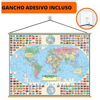 Mapa Mundi Político Escolar Edição 2026 – Banner + Gancho Autocolante - 120 x 90 cm em Oferta na Shopee