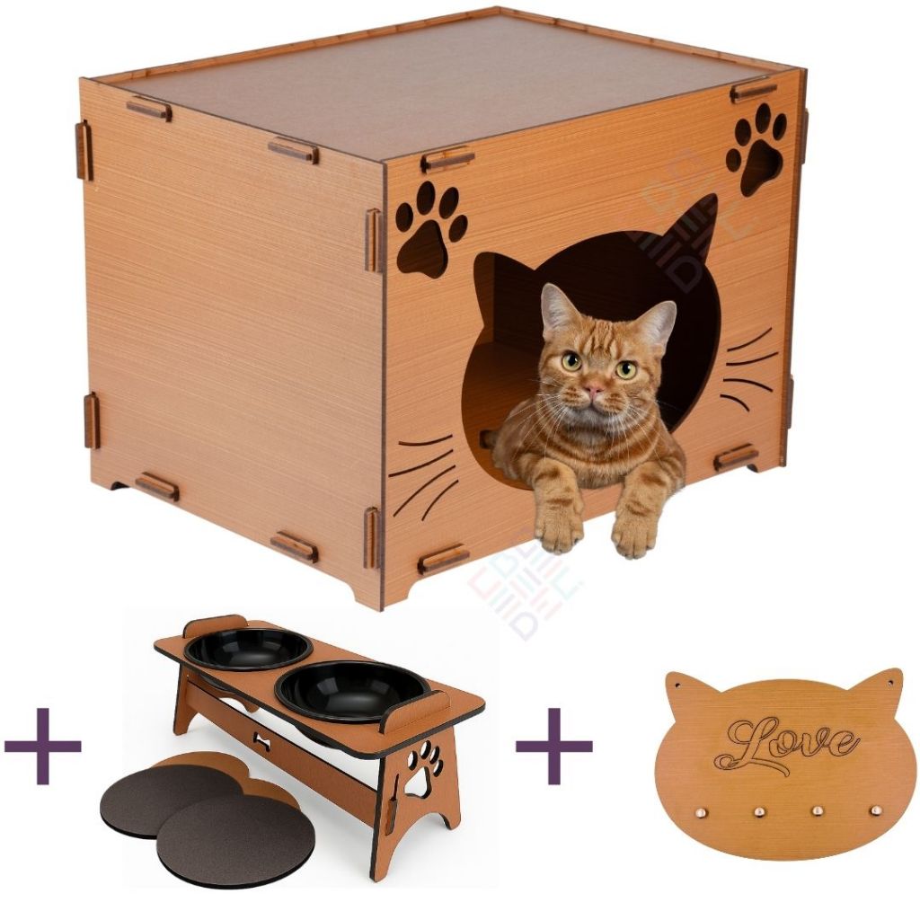 Caminha Toca Para Gato Casa Casinha com comedouro gato brinquedo para gatos Cama Pet MDF Desmontável