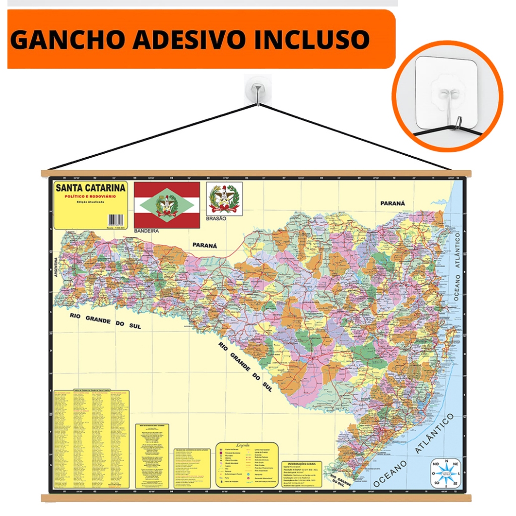 Mapa Santa Catarina Banner + Gancho Autocolante Pronto Para Pendurar - Grande 120x90cm em Oferta na Shopee