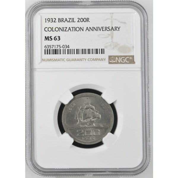 Certificada NGC -> Moeda 200 Réis 1932 🇧🇷 -> V136 -> Vicentina -> MS63 -> Flor de Cunho <-