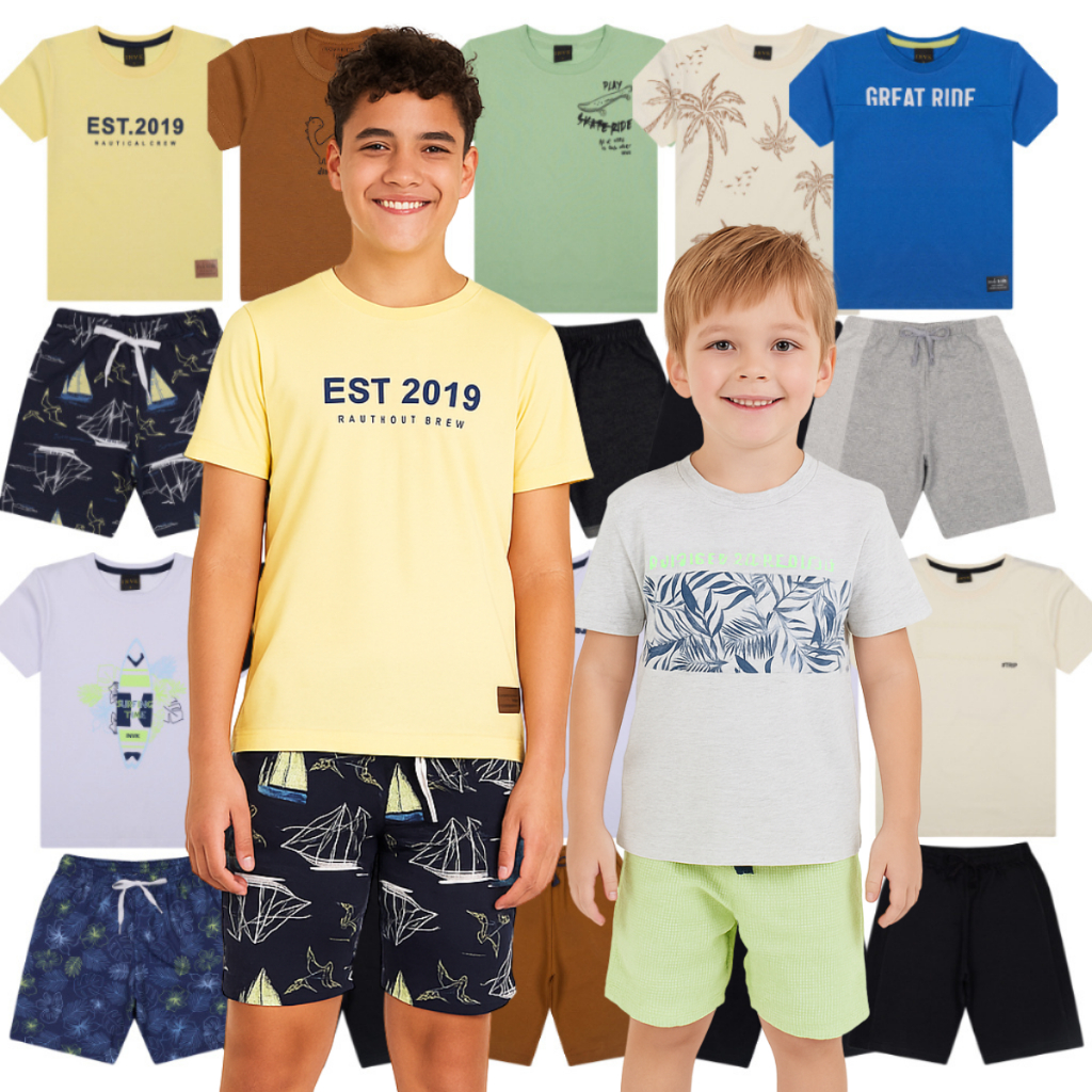 Kit 5 Conjunto 10 Peças Estampado Sortido Menino Infantil Juvenil Verão Tamanho 1 ao 10