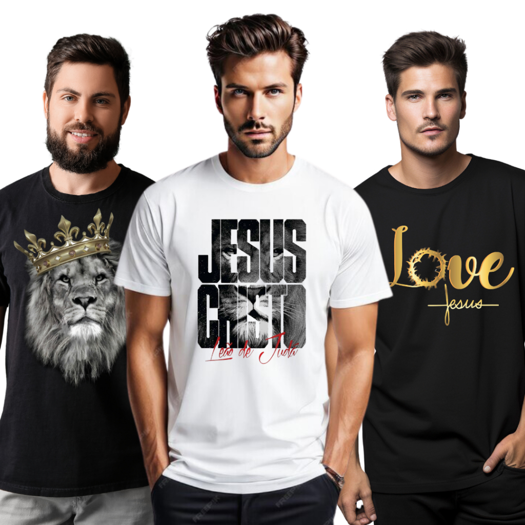 Kit 3 Camisetas Gospel Masculinas Jesus Leão de Judá Fé Cristã Love Estampas Religiosas em Oferta na Shopee