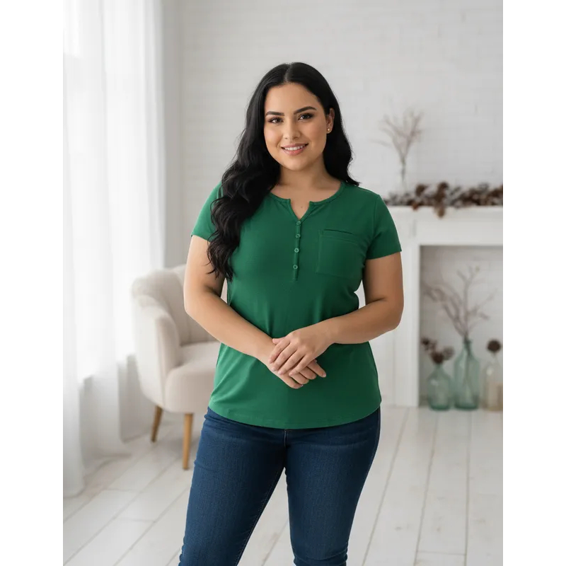 Blusa T-Shirt Plus Size Casual, Camiseta Feminina Com Detalhe Botão Moda Fashion Tendencia 2026