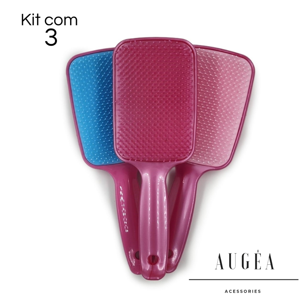 Kit 3 Escovas de Cabelo Raquete Flex Desembaraçadora Mágica