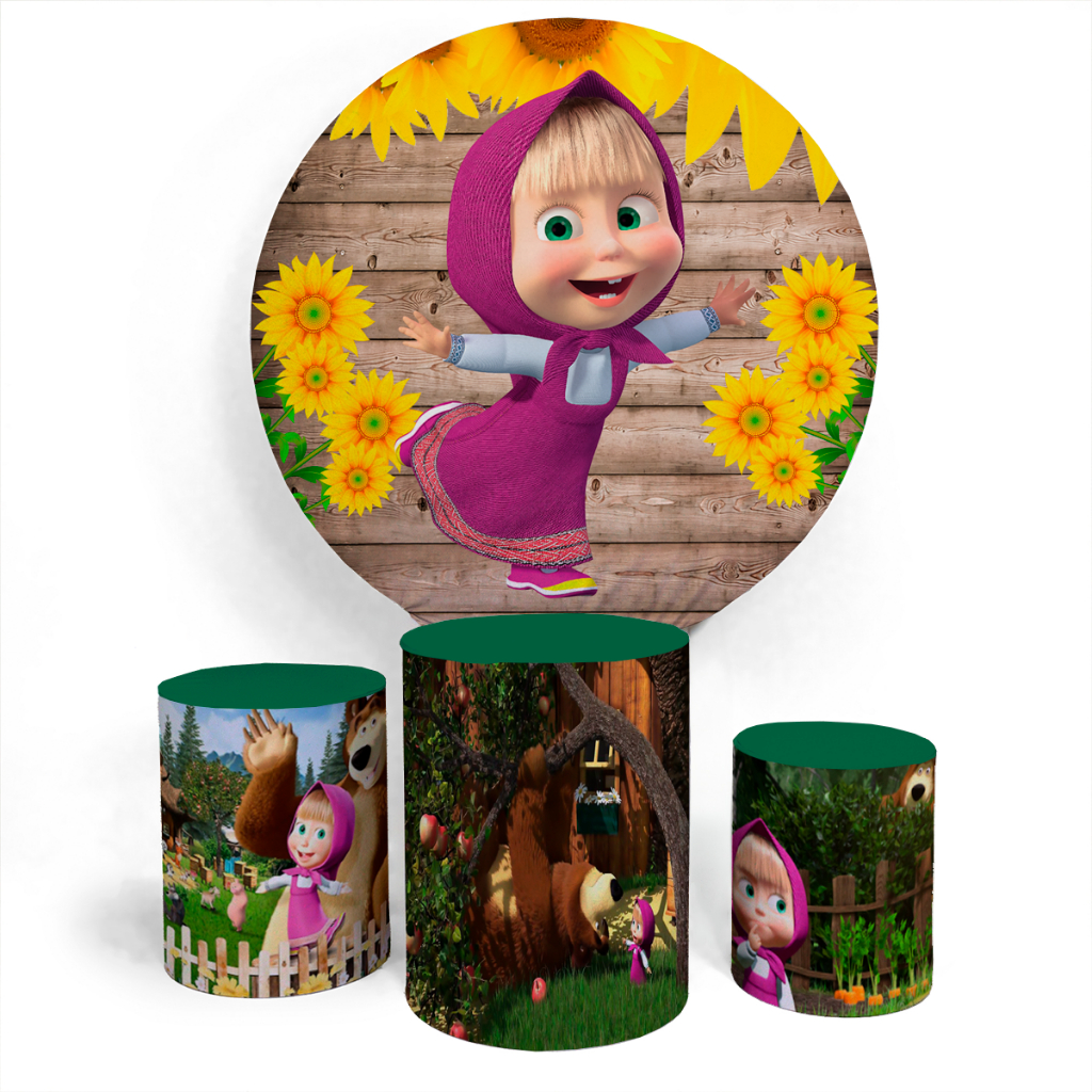 Kit Painel Evento Masha e o Urso Infantil Decorativo Divertido Painel Redondo + Trio Completo Alta Qualidade Premium