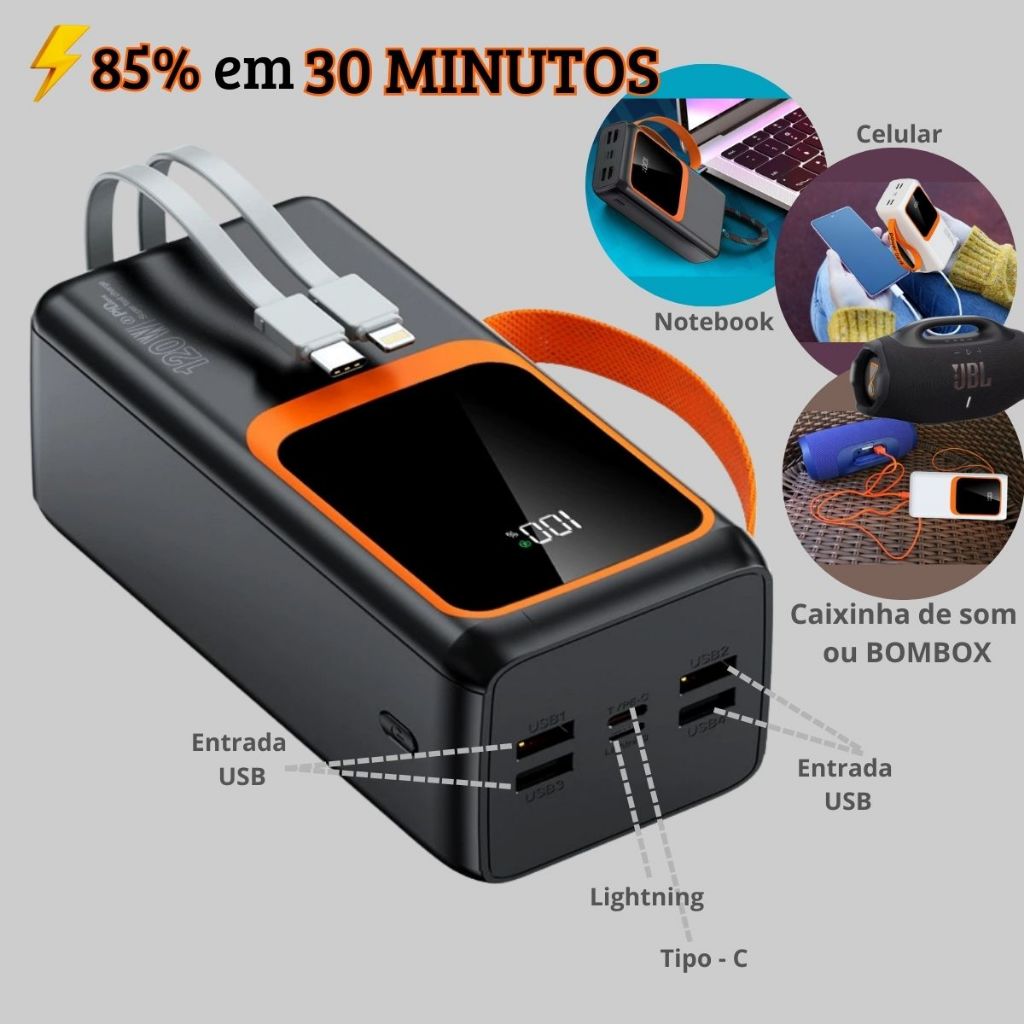 Power Bank de 50000mah Turbo Carga Rápida Portátil Grande c Tela Digital