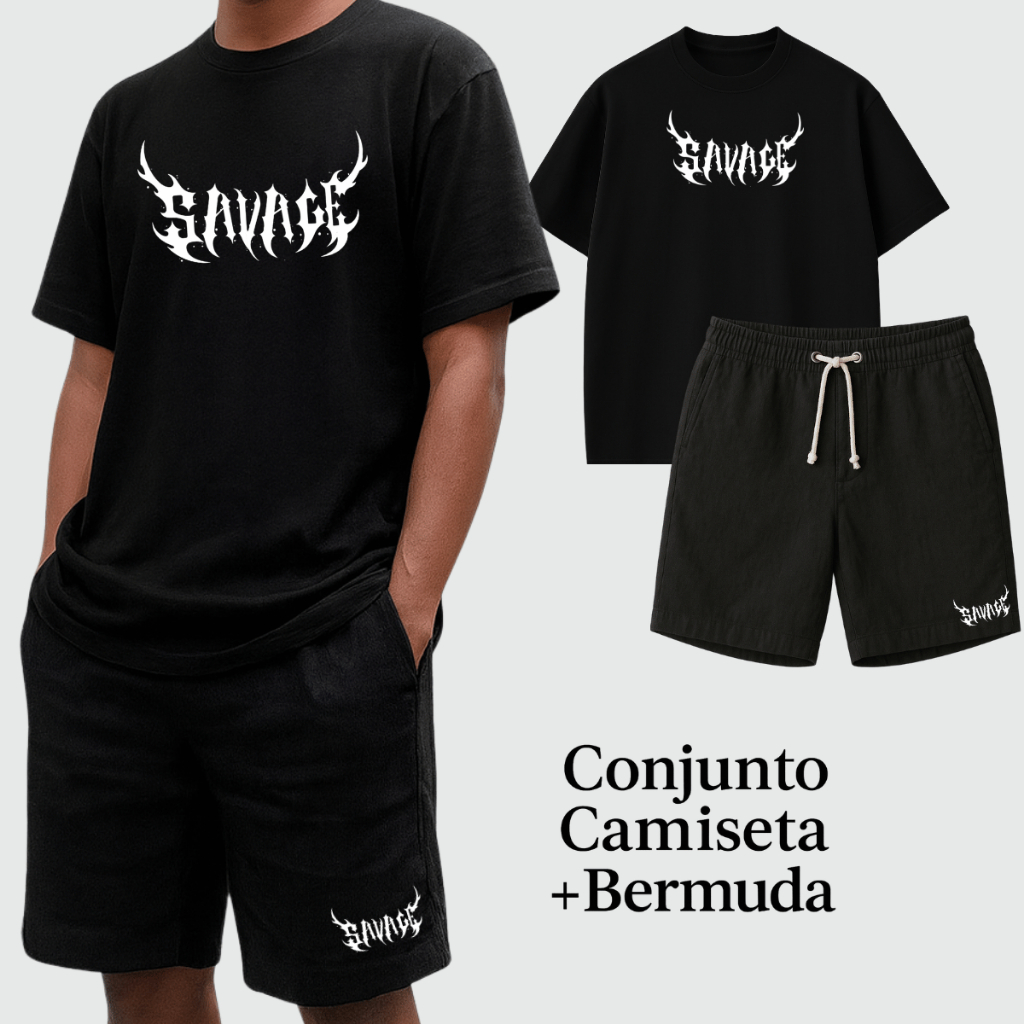 Conjunto Masculino Kit Camiseta Estampada Savage Básica Lisa E Bermuda Linho Casual Tendência Conjunto Masculino
