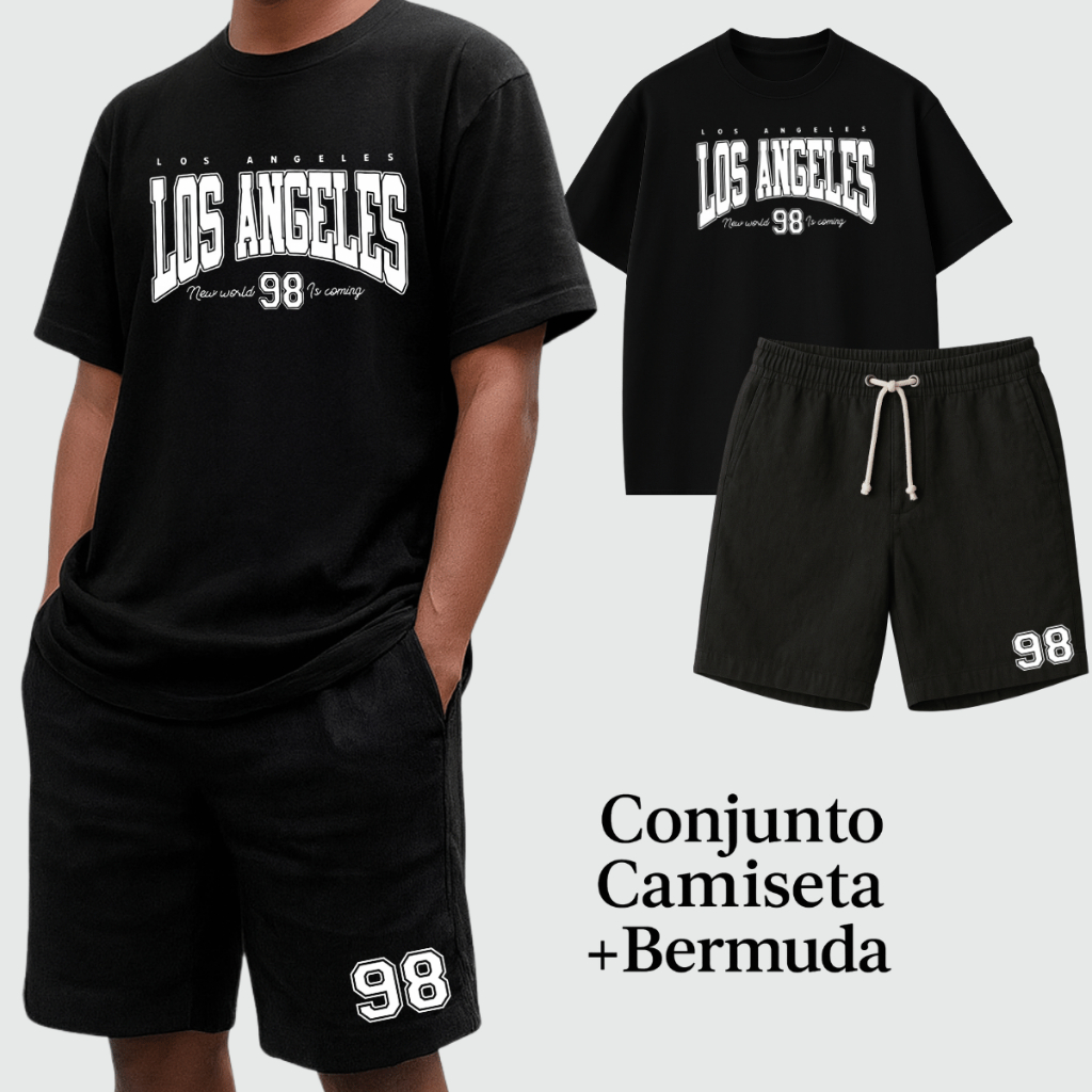 Conjunto Masculino Kit Camiseta Estampada Los Angeles 98 Básica Lisa E Bermuda Linho Casual Tendência Conjunto Masculino