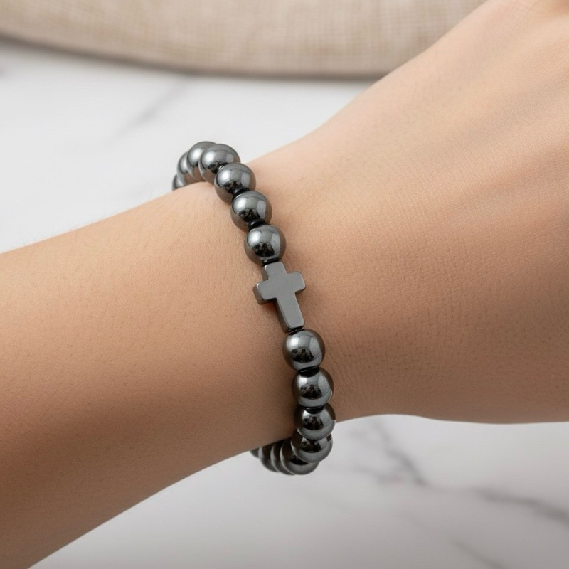 Pulseira de Hematita com Cruz Crucifixo – Proteção e Estilo em Oferta na Shopee