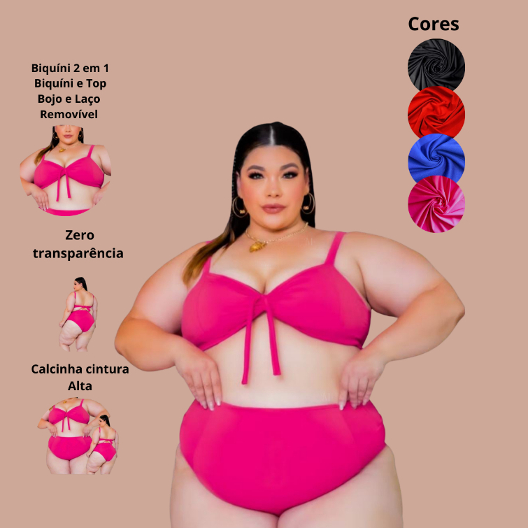 Biquini Plus Size 2 em1 Feminino: Top Forro Suplex Cintura Alta Com Bojo Removível