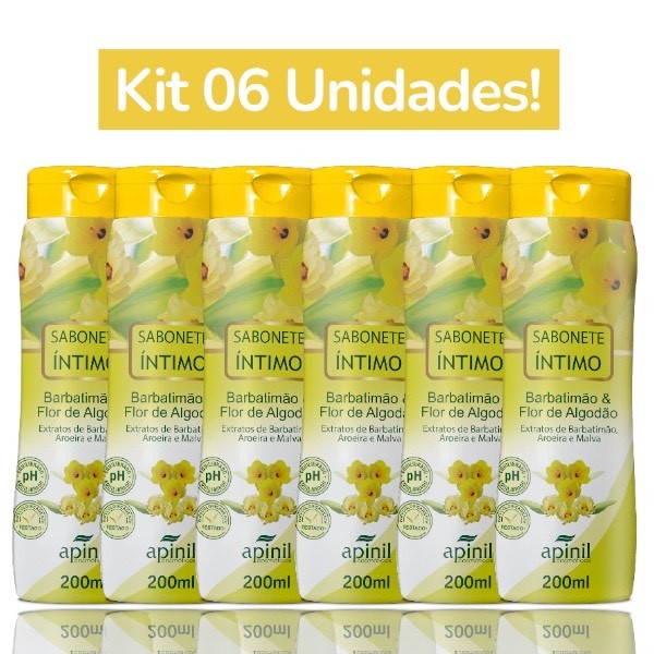 KIT 6 UNIDADES SABONETE ÍNTIMO BARBATIMÃO & FLOR DE ALGODÃO 200mL APINIL