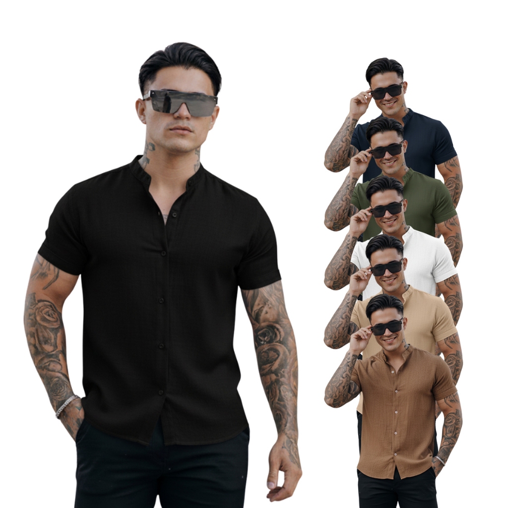 Camisa Masculina de Linho Slim Gola Padre Manga Curta Estilo Casual Chic Leve e Elegante