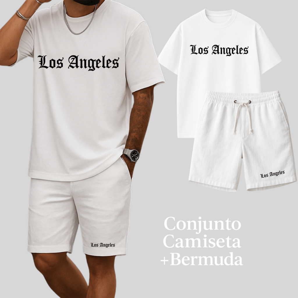 Conjunto Masculino Kit Camiseta Estampada Los Angeles Básica Lisa E Bermuda Linho Casual Tendência Conjunto Masculino